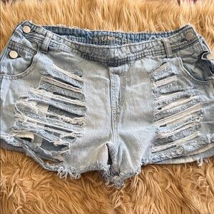 Ruffled Light Wash Distressed Denim Shorts - Women